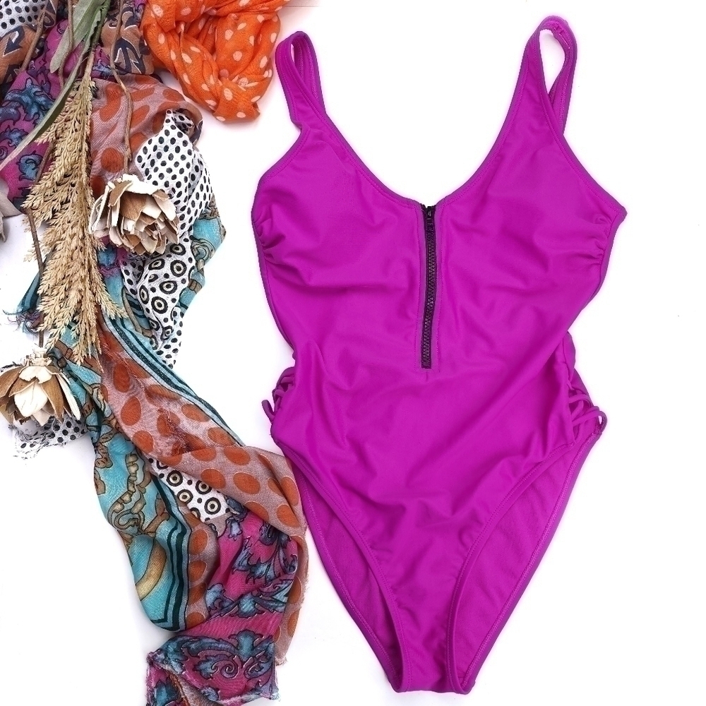New Xhilaration Purple Pink One Piece Swimsuit Sz M - Picture 3 of 10